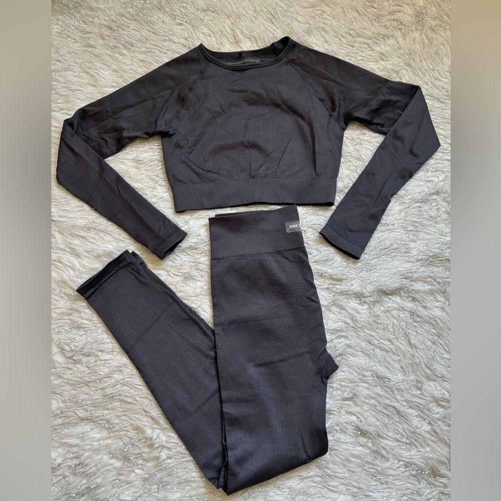 Set Pink Soda Sport Gray Women's Ribbed Leggings and Crop Top Set Size L-XL USA